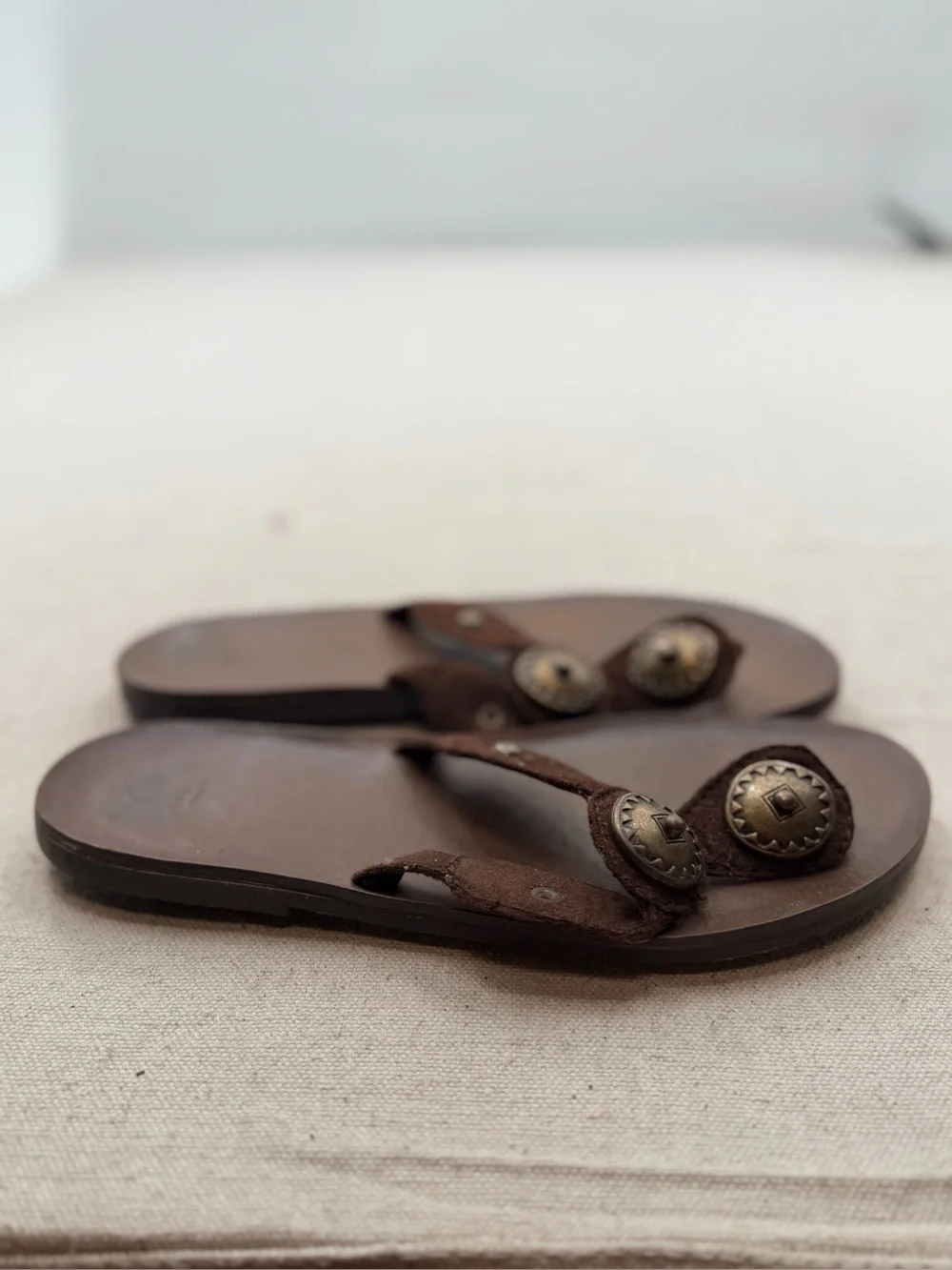 Mossimo Brown Leather Thong Sandals with Button Accent